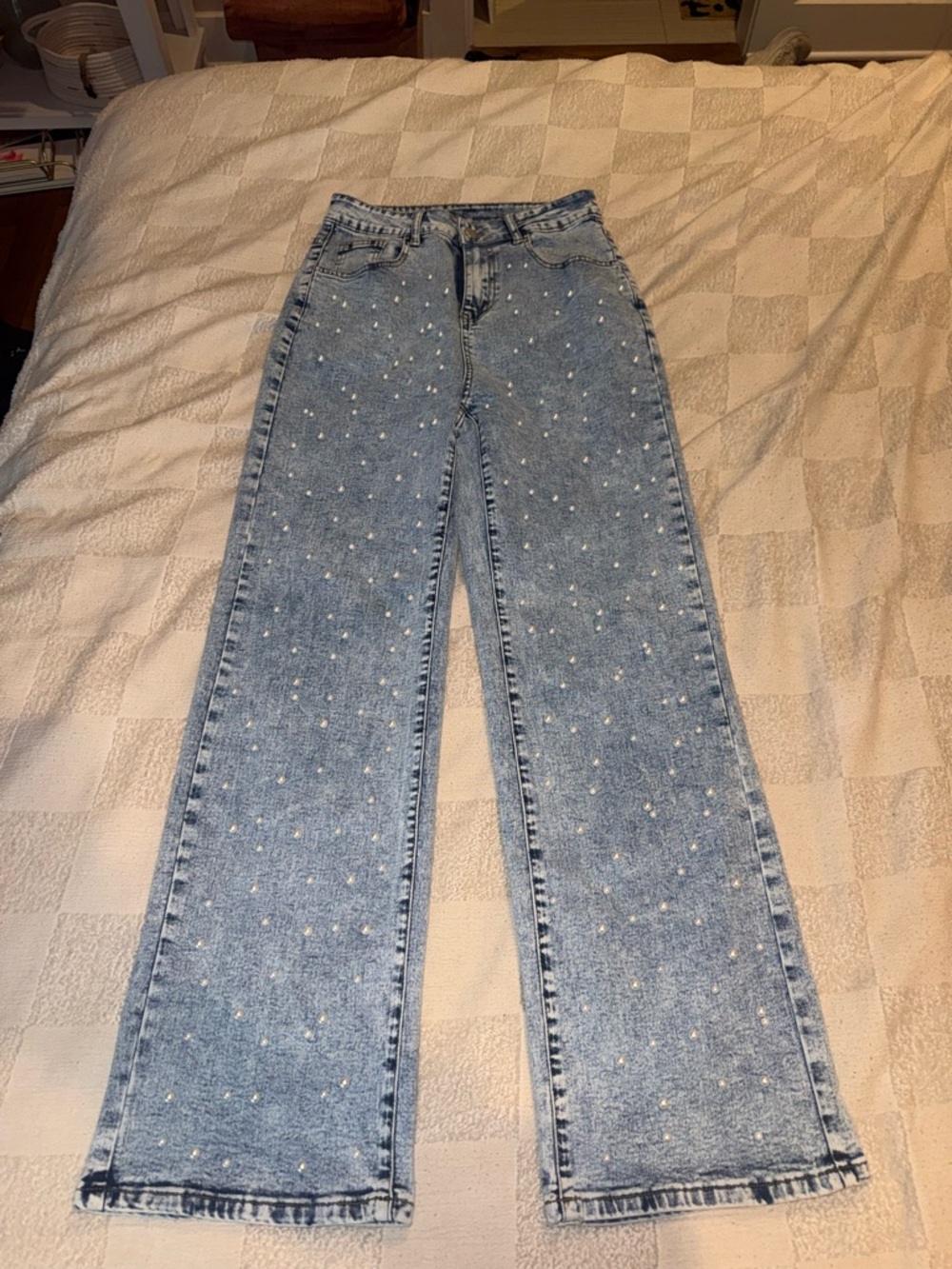 Women's Light Blue Pearl-Studded Wide Leg Jeans